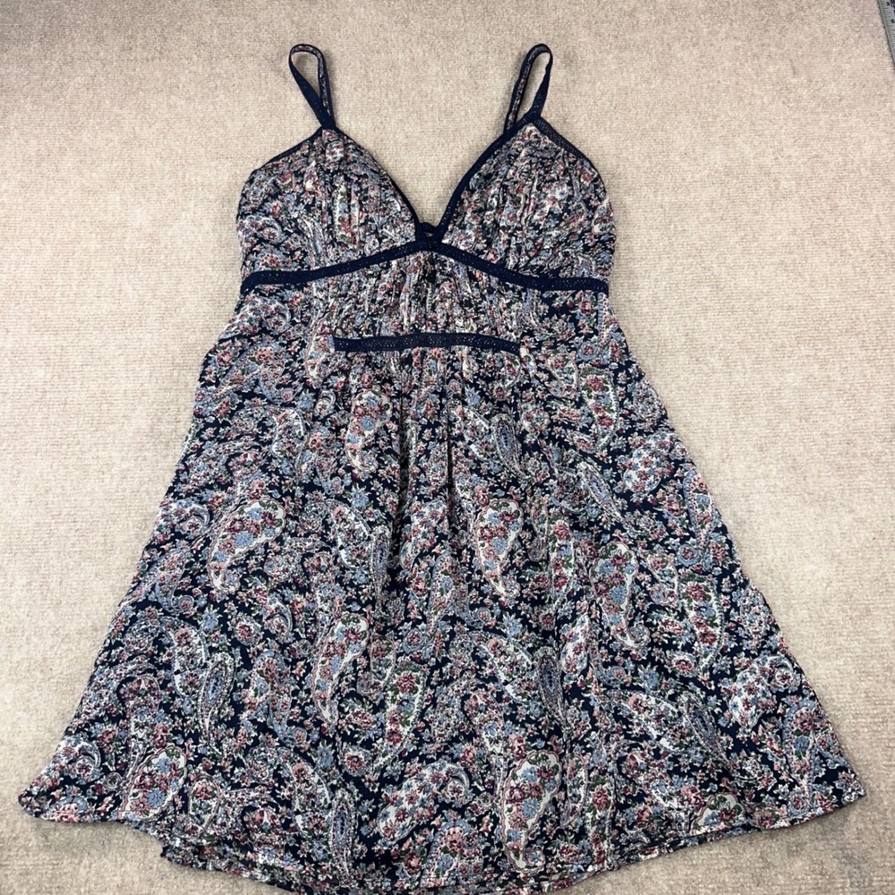 Navy Autumn Wedding Guest Floral Mini Dress, Crochet Lace Trim and Smocked Back